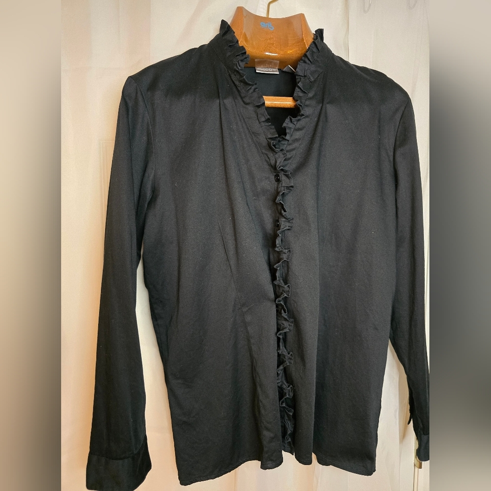Chico's Size 3 Elegant Black Ruffle Trim Blouse Size XL